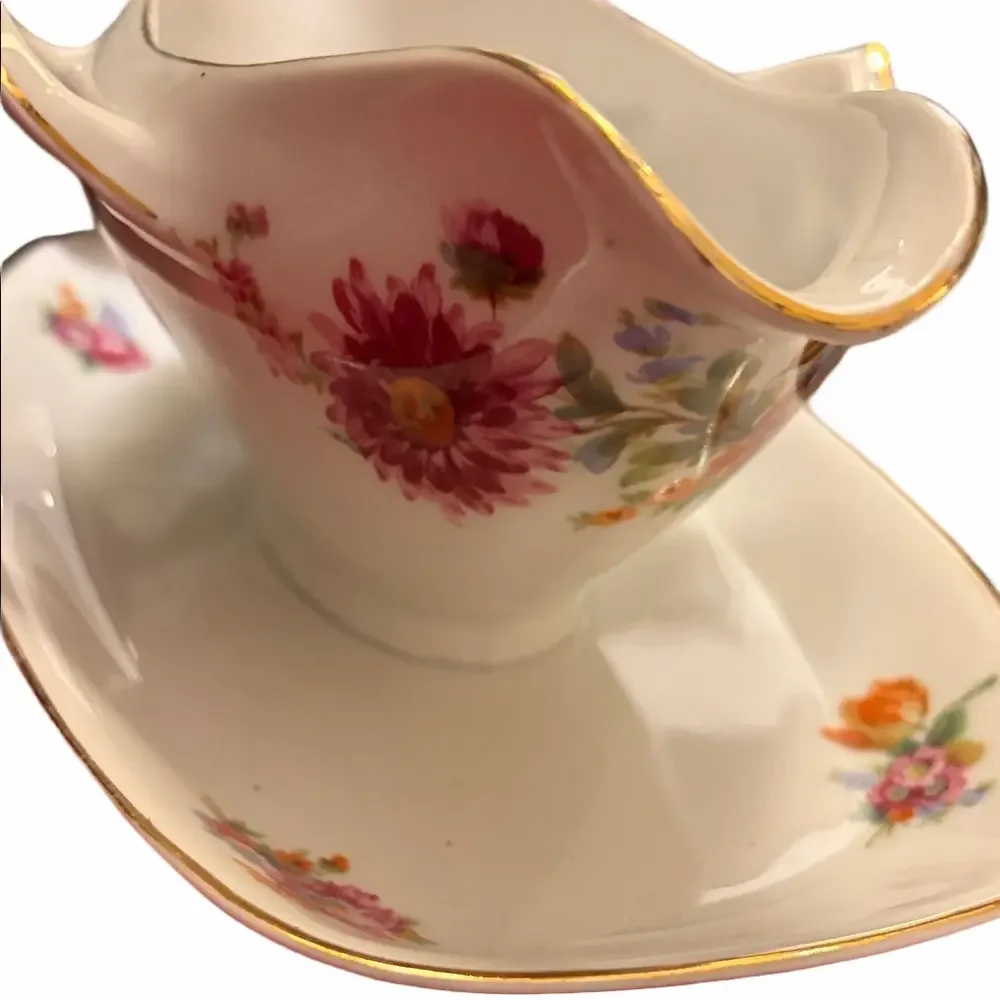 HJ Co Bavaria Germany  Floral Gravy Boat with attached Saucer